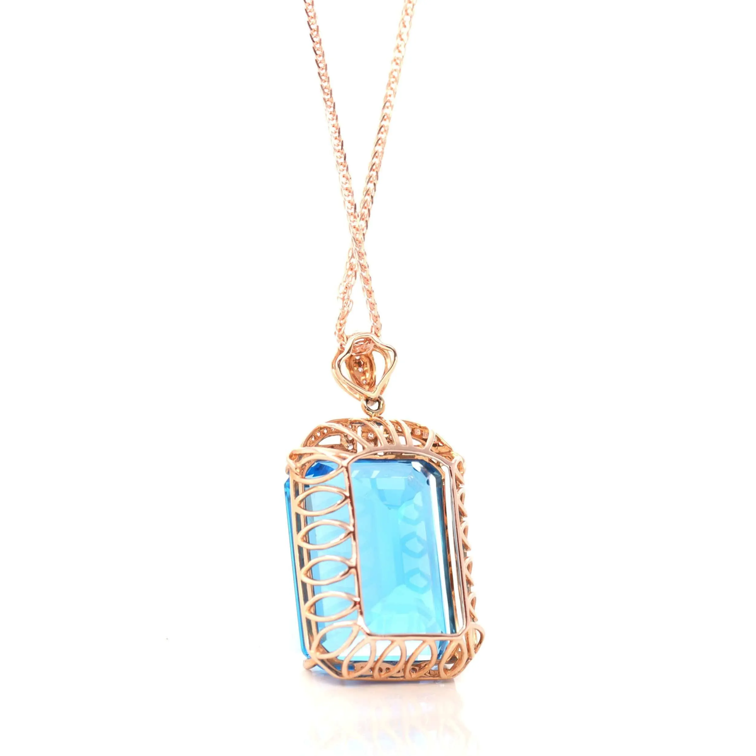 14k Rose Gold London Blue Topaz Faceted Emerald Cut Prong Set Necklace With Diamonds