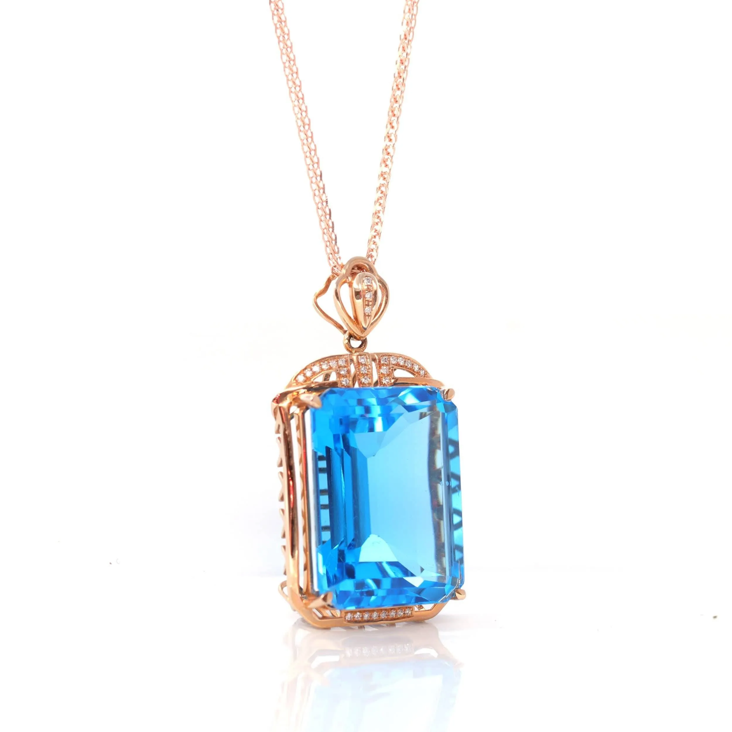 14k Rose Gold London Blue Topaz Faceted Emerald Cut Prong Set Necklace With Diamonds