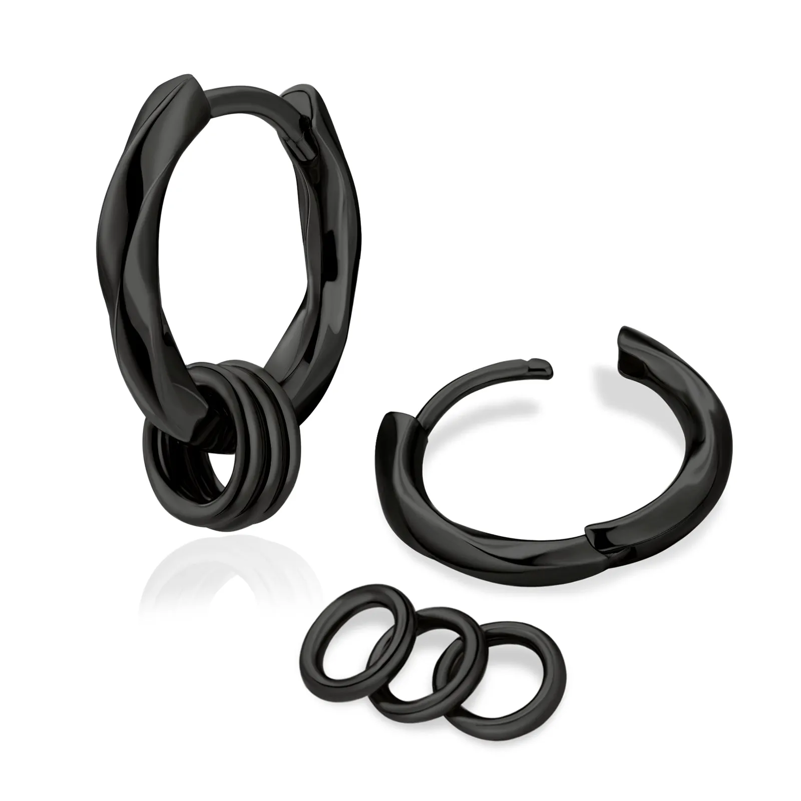 15mm 2in1 Black Mens Hoop Earring Twisted with Detachable Rings 925 Sterling Silver