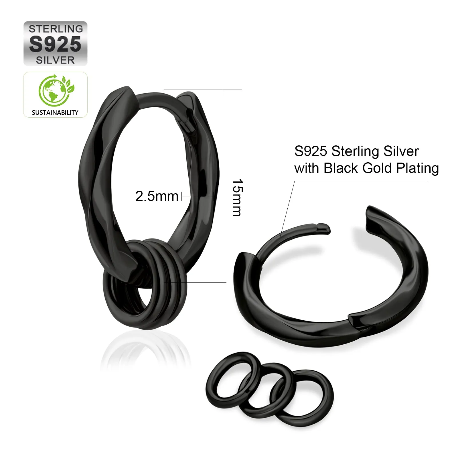 15mm 2in1 Black Mens Hoop Earring Twisted with Detachable Rings 925 Sterling Silver