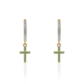 18K Gold Dangle Charm Cross Shaped Hoop Earrings