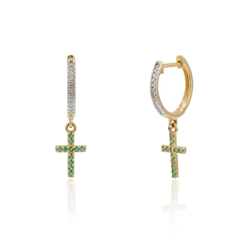 18K Gold Dangle Charm Cross Shaped Hoop Earrings