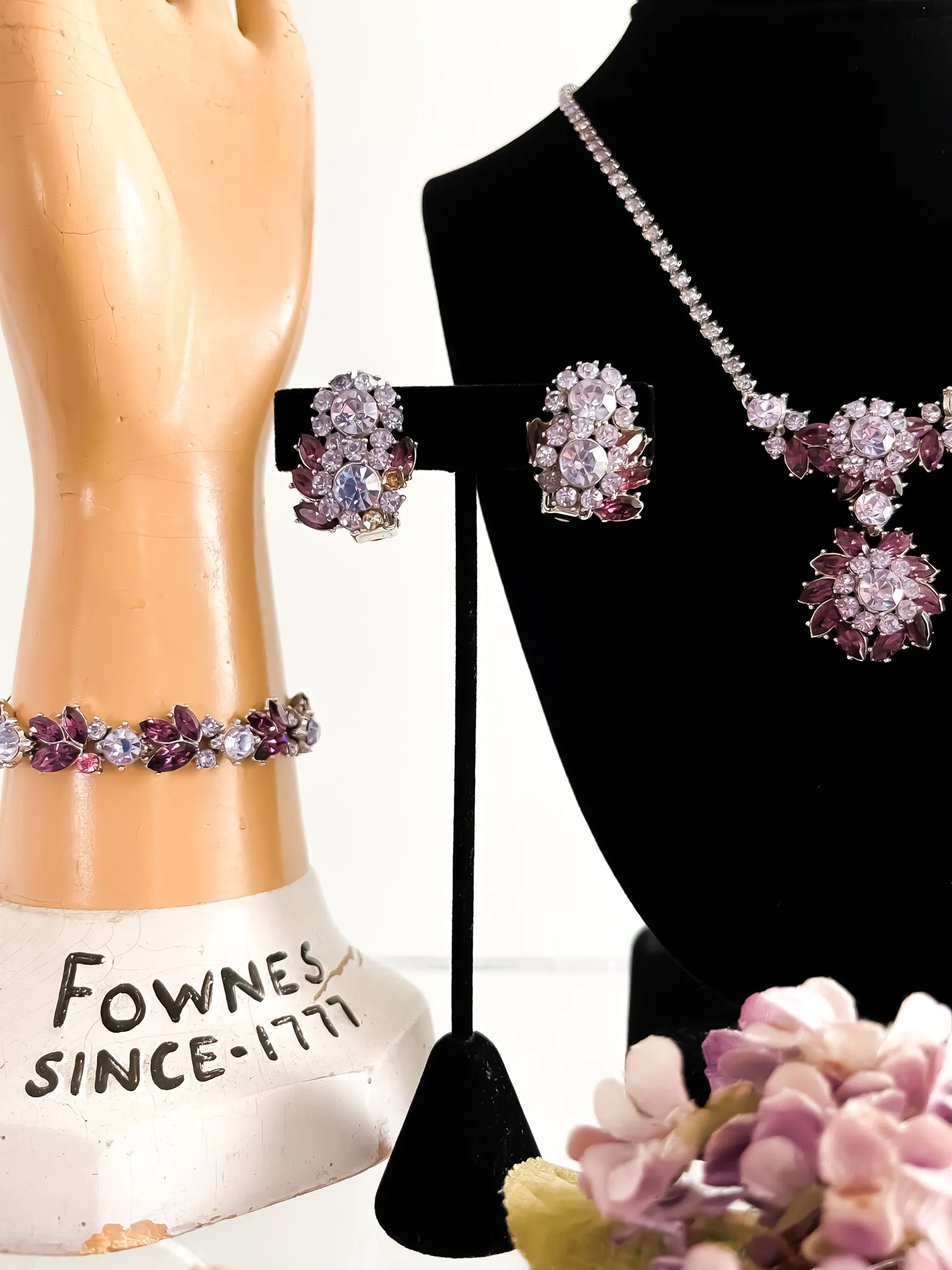 1950's Trifari Amethyst Rhinestone Necklace Bracelet and Earrings Parure