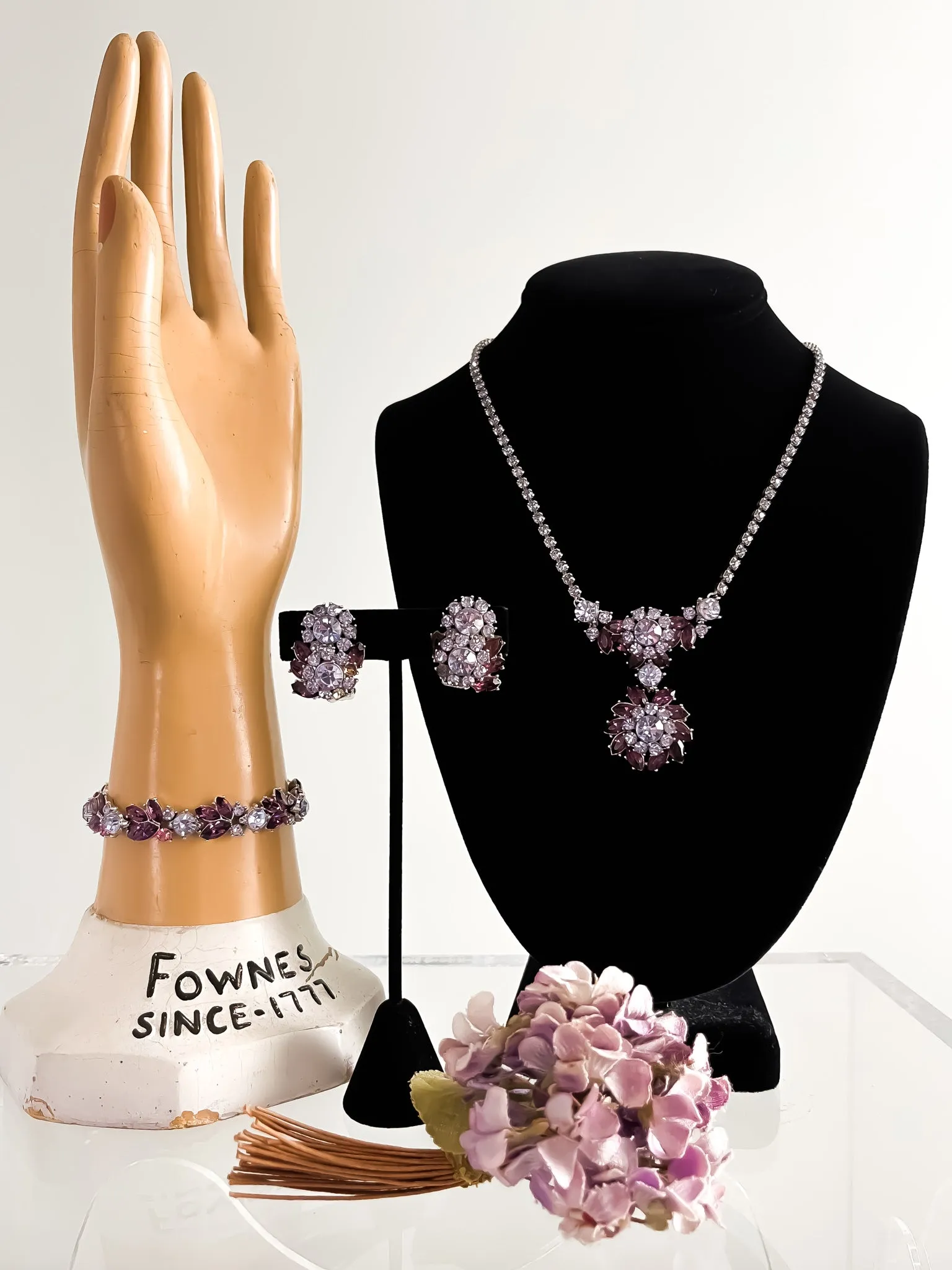 1950's Trifari Amethyst Rhinestone Necklace Bracelet and Earrings Parure