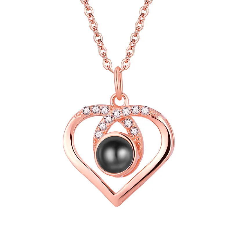 925 Silver Heart Shaped with CZ Diamonds Projection Necklace with Picture Inside