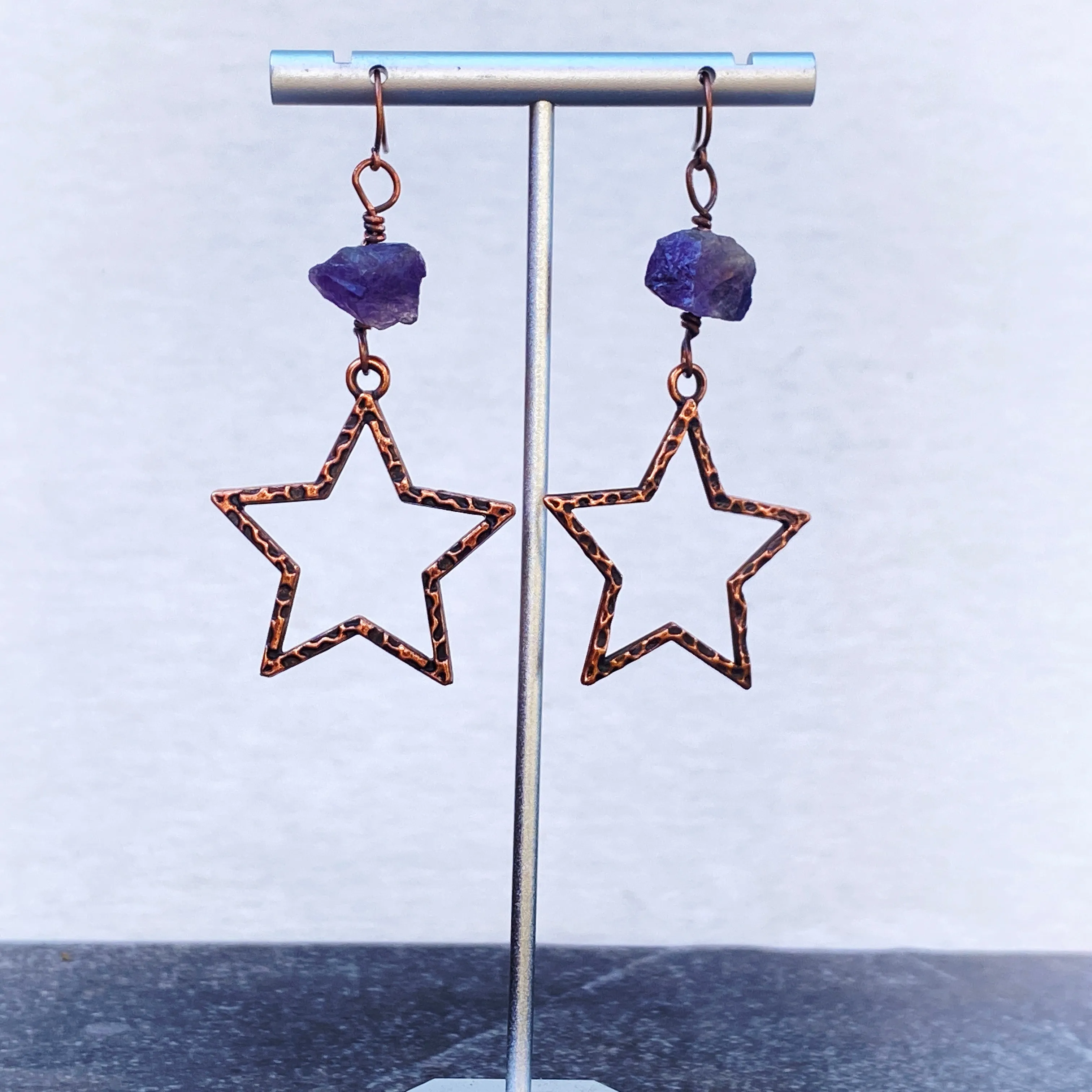 Amethyst gemstone stars and copper Star Earrings