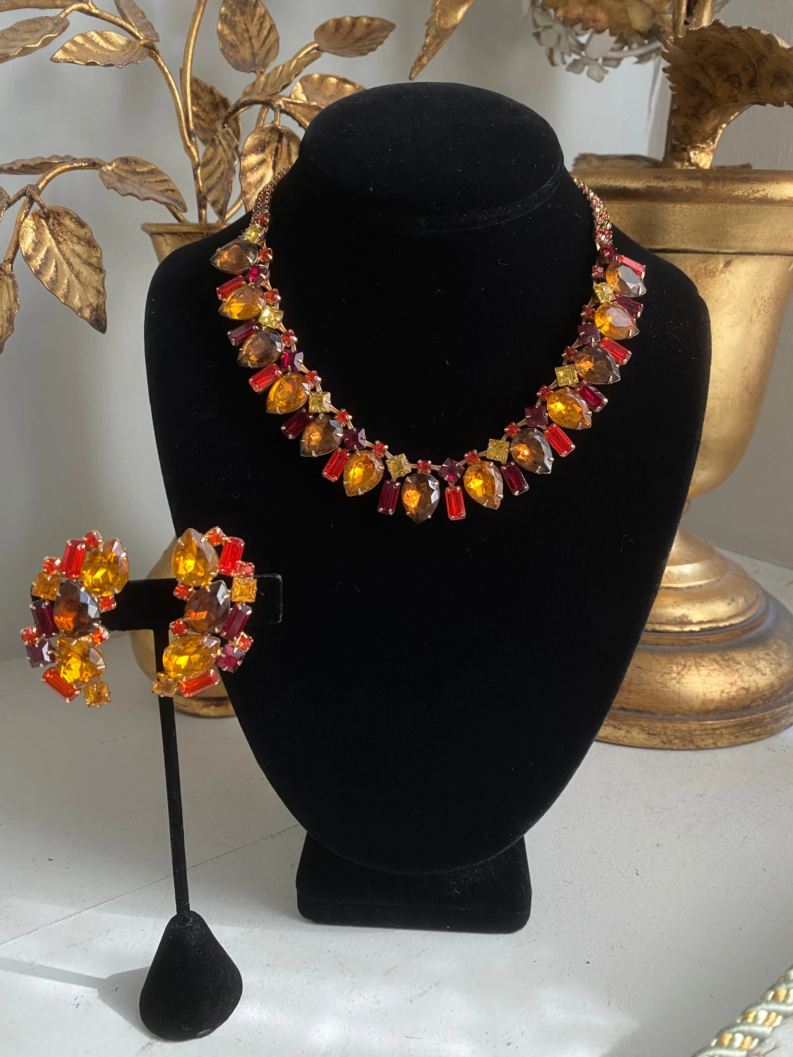 Beautiful 1950's Autumn Leaves Rhinestone Necklace Set