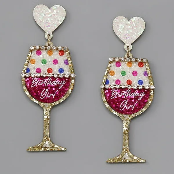 Birthday Girl Wine Glass Glitter Earrings