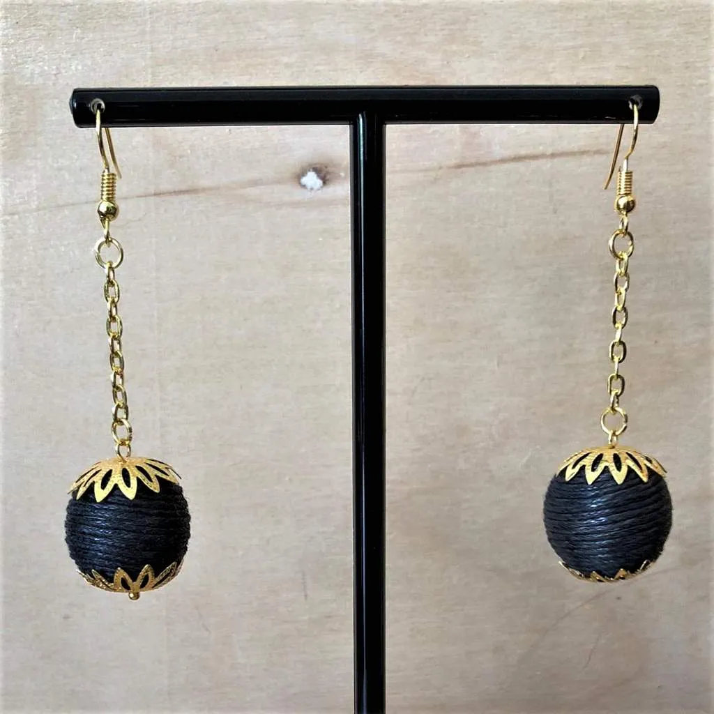 Black Ball Long Gold Dangle Earrings