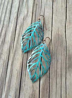 Blue Patina Leaf Cutout Earrings