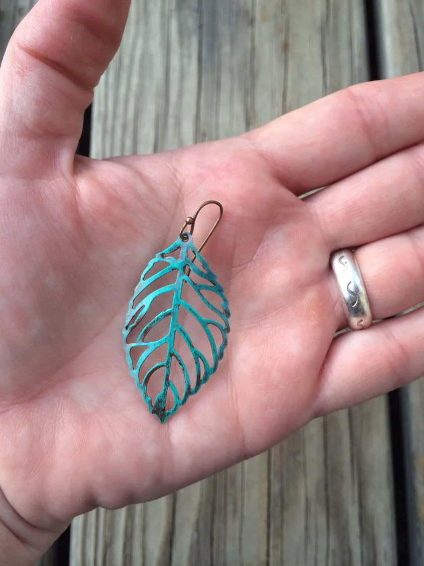 Blue Patina Leaf Cutout Earrings