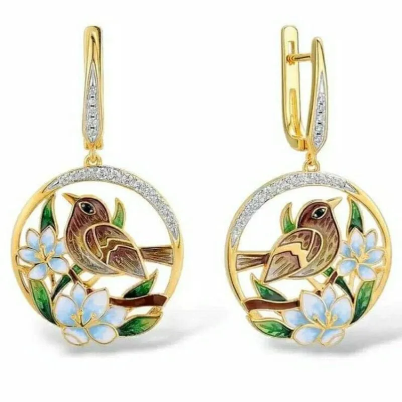 Bohemia Flower Bird Enamel Dangle Earrings