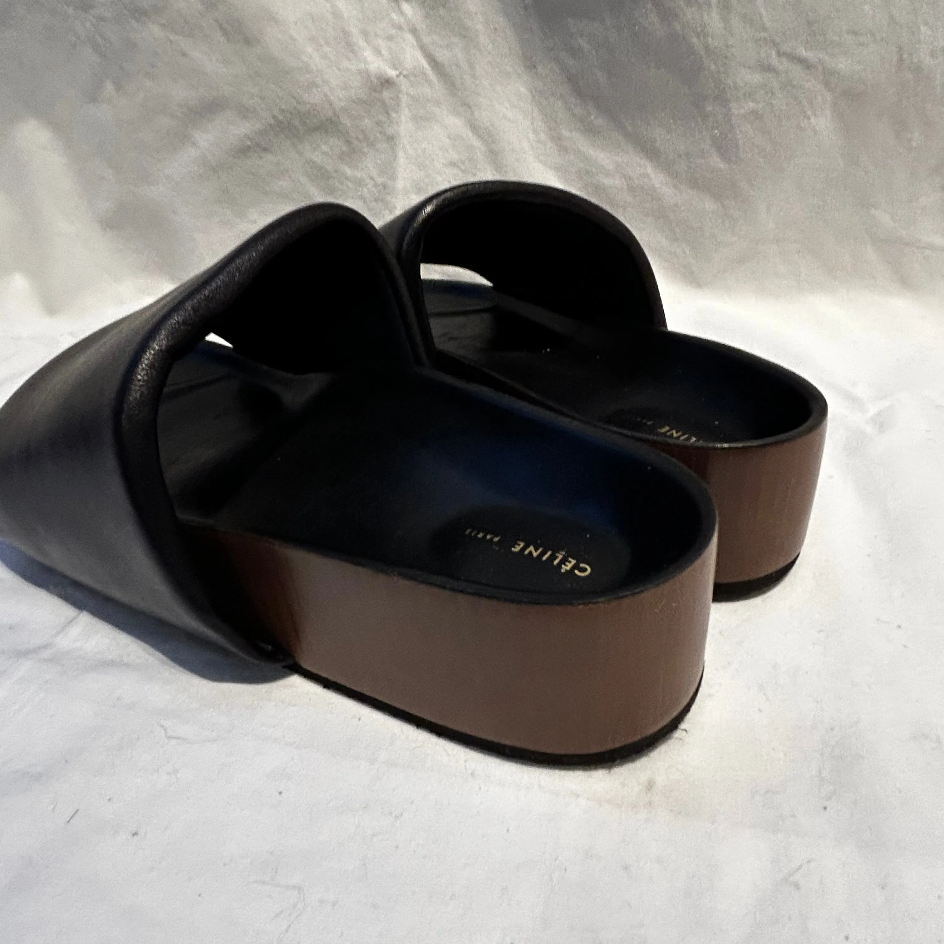 Celine Phoebe Philo Black Padded Leather Flatbed Sandals 40