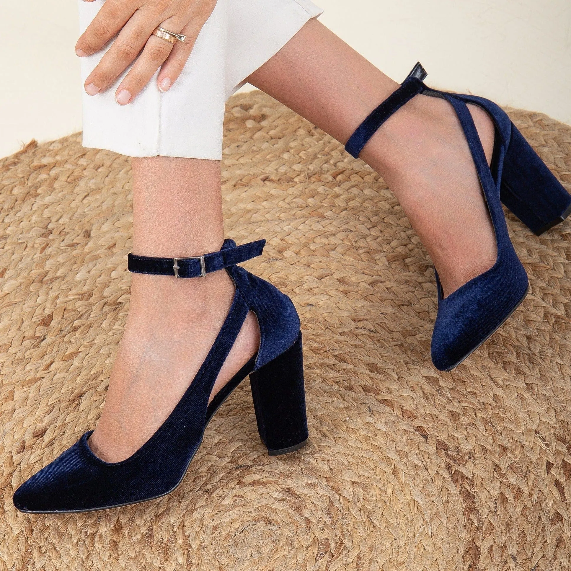 Colette Vegan Velvet Block Heels | Dark Blue