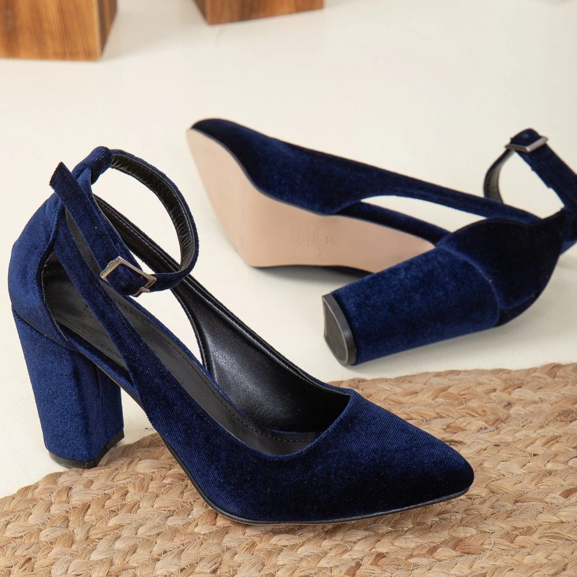 Colette Vegan Velvet Block Heels | Dark Blue