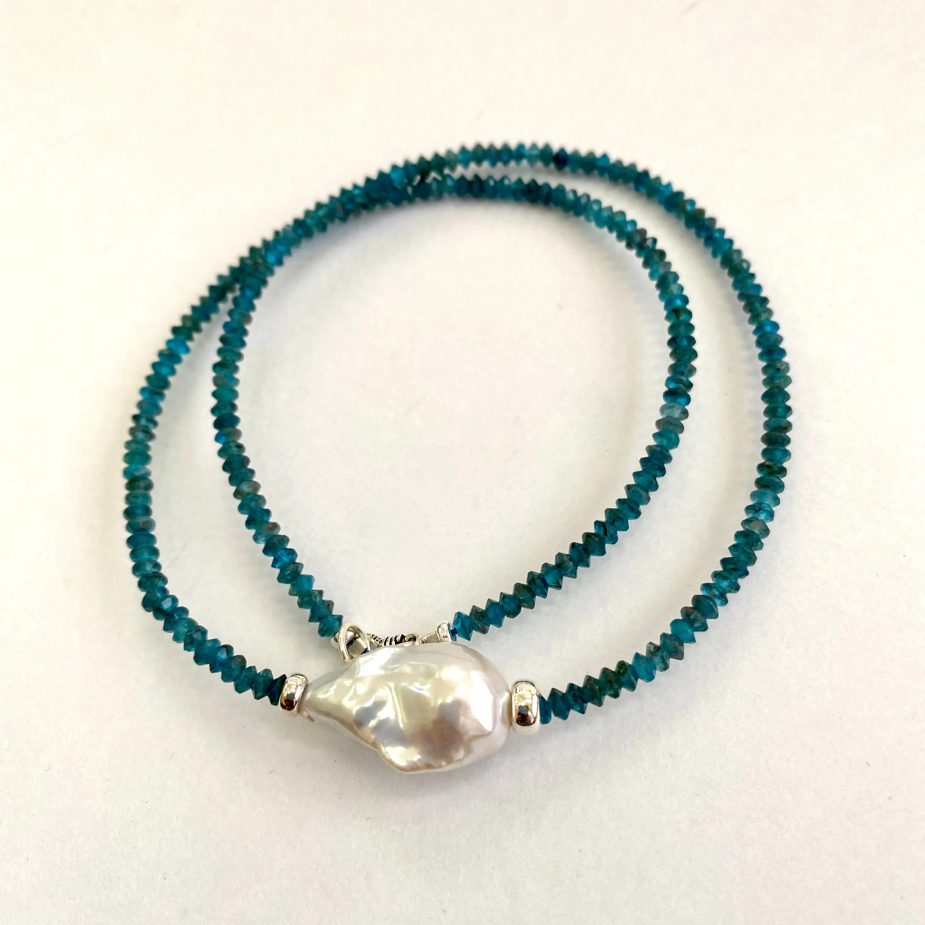 Delicate Dark Blue Apatite & White Baroque Pearl Beaded Necklace, Sterling Silver, 17.25inches,