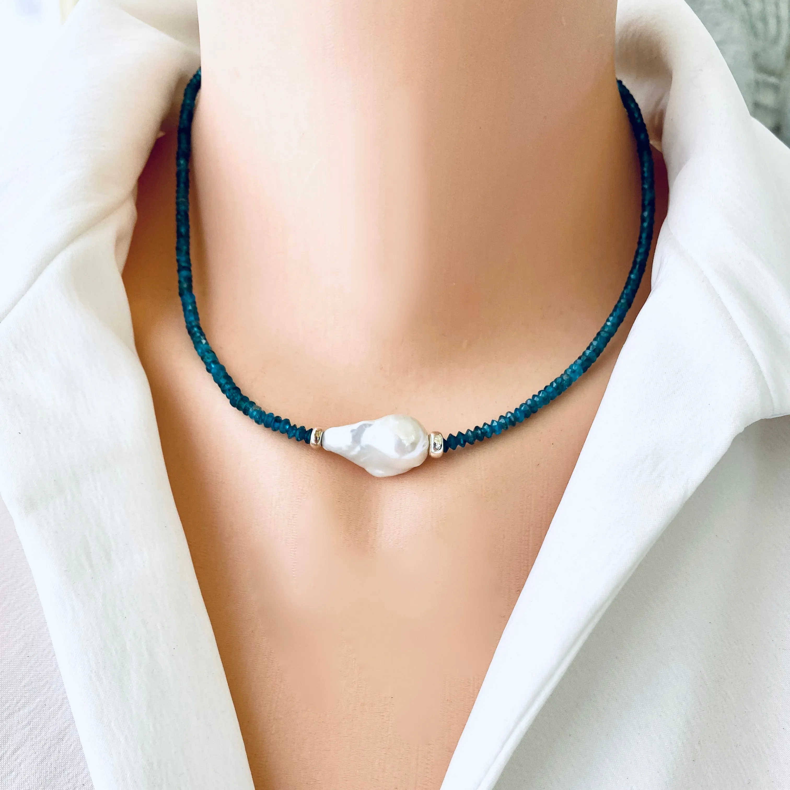 Delicate Dark Blue Apatite & White Baroque Pearl Beaded Necklace, Sterling Silver, 17.25inches,