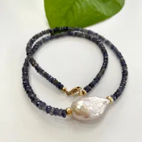 Denim Blue Iolite and Baroque Pearl Beaded Necklace, Gold Filled Details, 18inches