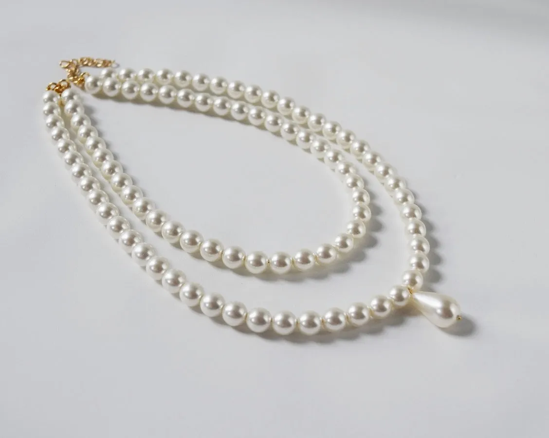 Double Strand Pearl Necklace - Small White with Teardrop