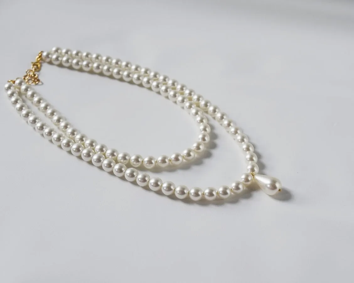 Double Strand Pearl Necklace - Small White with Teardrop