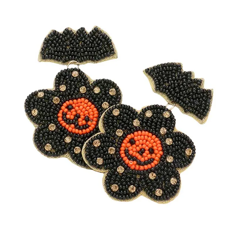 Felt Back Seed Beaded Bat Smile Flower Link Dangle Earrings