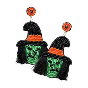 Felt Back Tassel Seed Beaded Witch Dangle Earrings