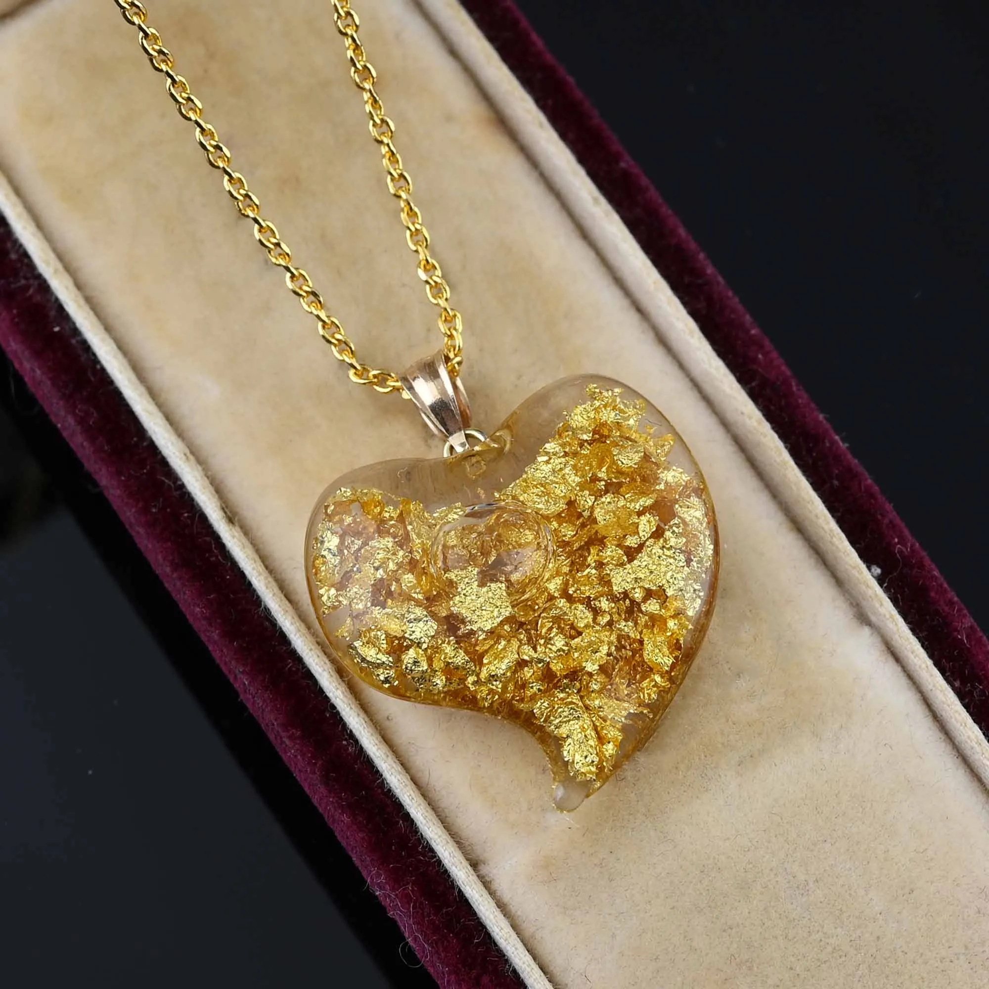 Floating Gold Flakes Witches Heart Pendant in 14K Gold