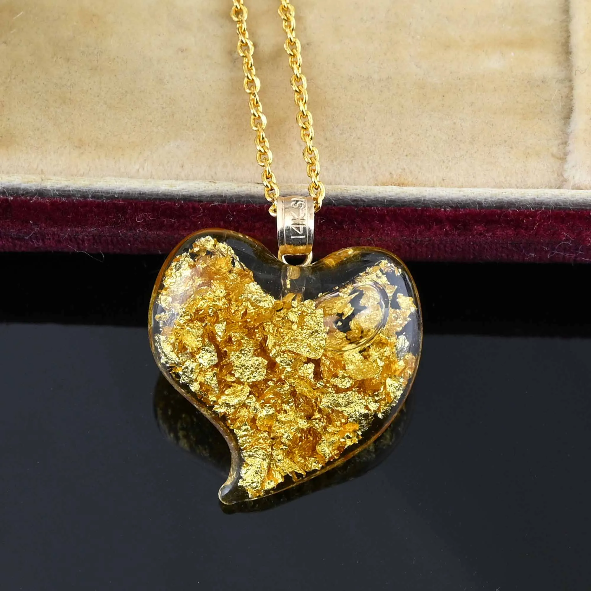 Floating Gold Flakes Witches Heart Pendant in 14K Gold