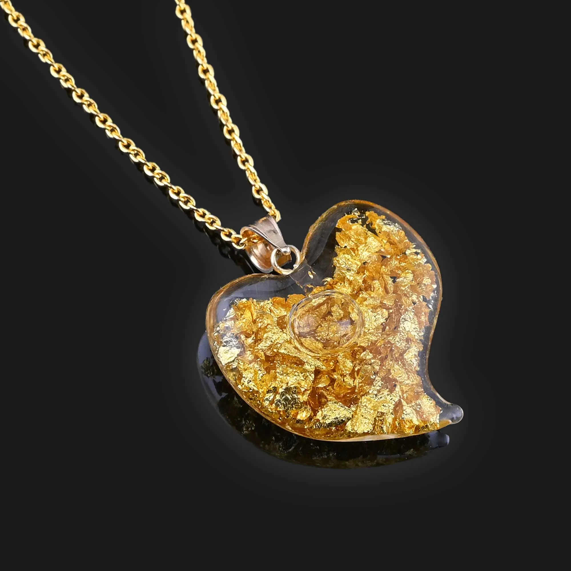 Floating Gold Flakes Witches Heart Pendant in 14K Gold