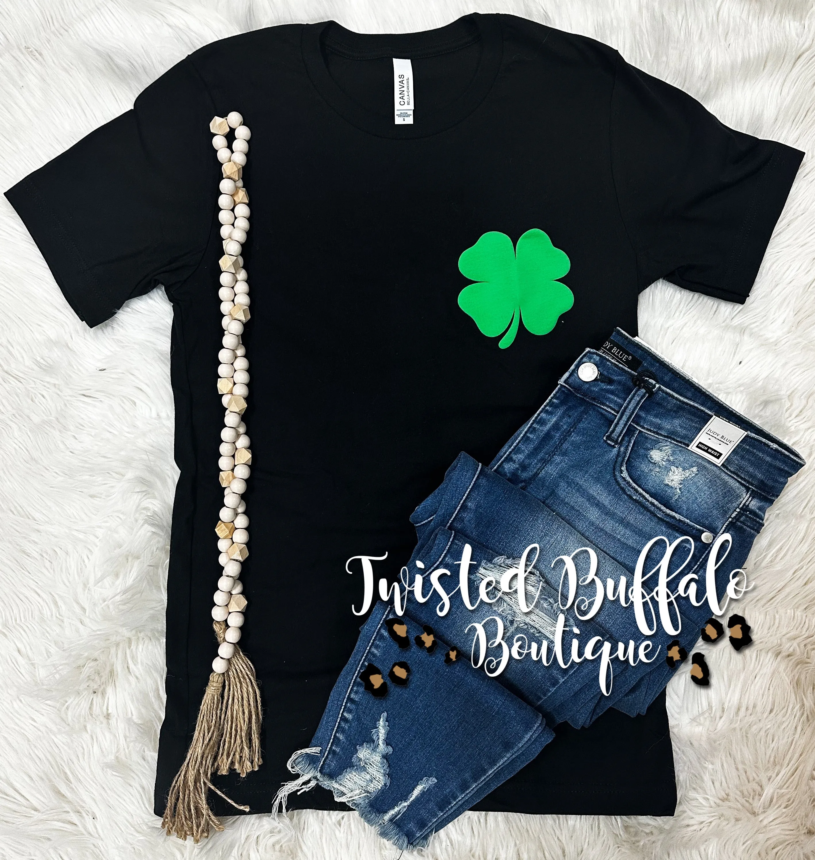 {GREEN SHAMROCK PUFF} Black Crew Neck Tee