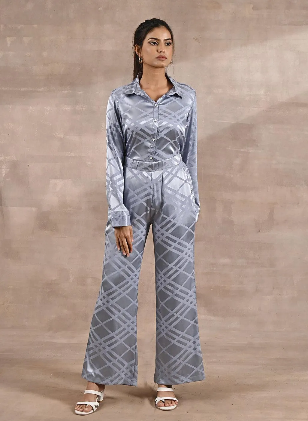 Grey Printed Striped Co-Ord Set