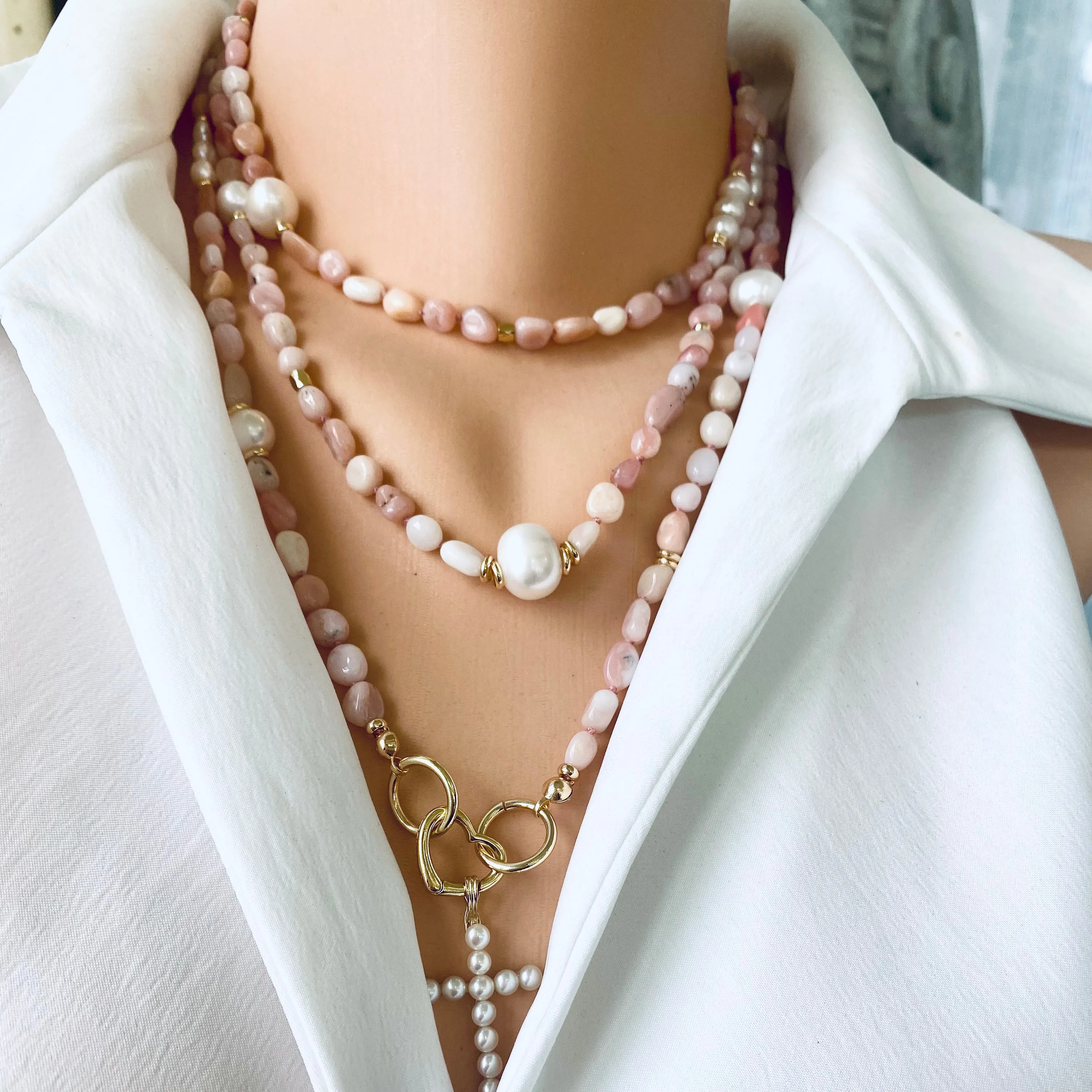 Hand Knotted Baroque Pink Opal & Freshwater Pearl Necklace, 58'inches, Gold Plated