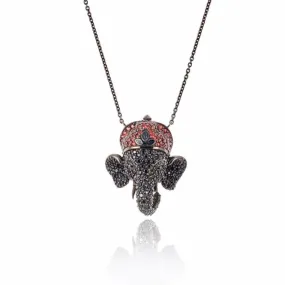 Handcrafted Silver Elephant Pendant Necklace with Aqua Glitter Enamel, Black Spinel & Red Sapphires