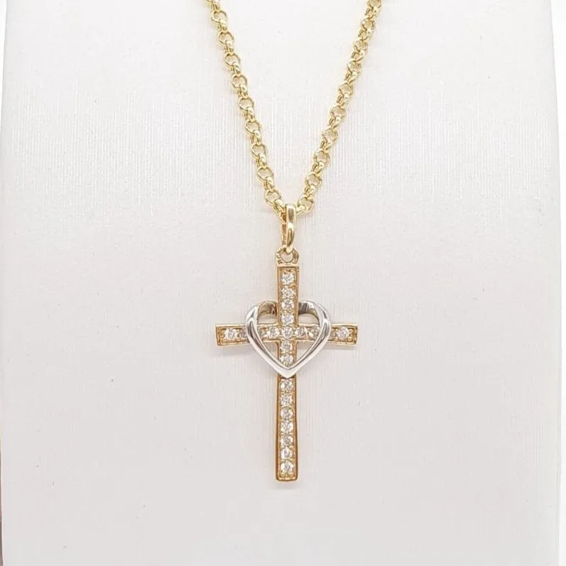 Heart Cross Necklace in Yellow Gold