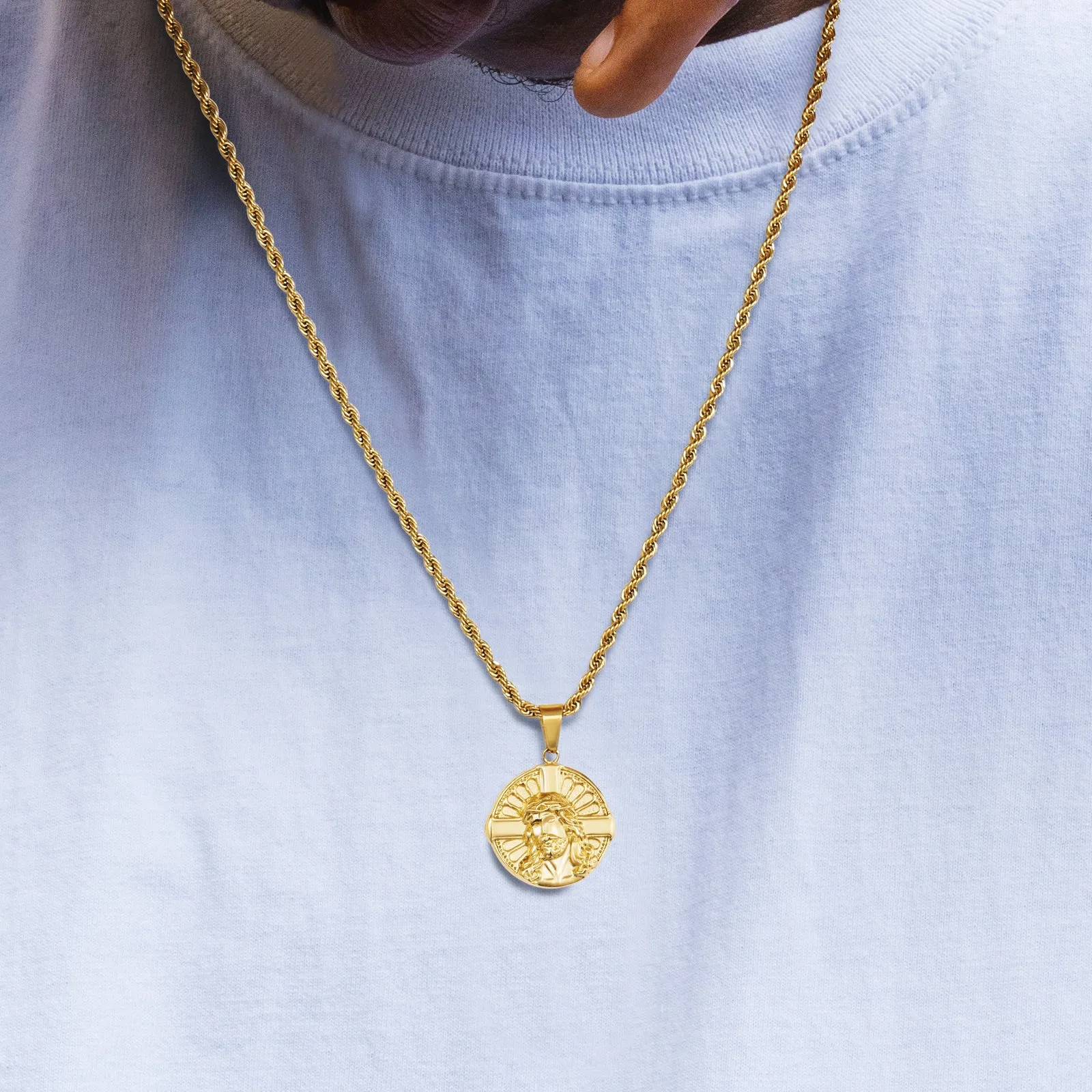 Jesus on Cross Gold Coin Pendant Necklace with Rope Chain for Men