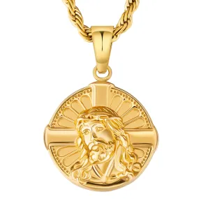 Jesus on Cross Gold Coin Pendant Necklace with Rope Chain for Men