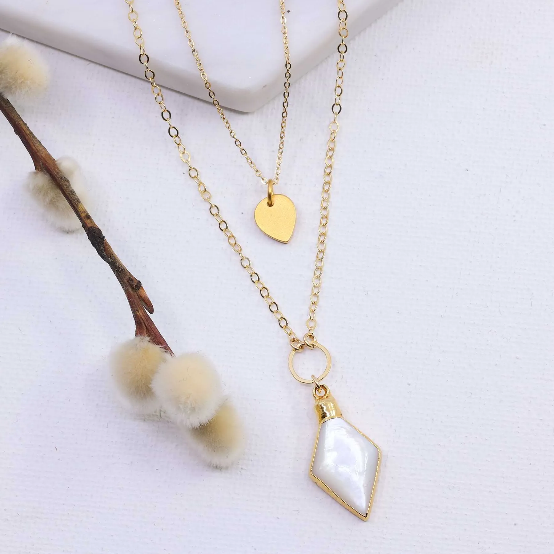 Kyoto - Dainty Double Layer Mother of Pearl Pendant Gold Necklace