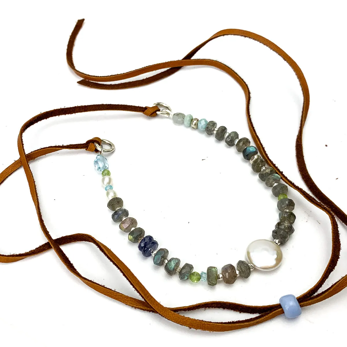 Labradorite, Aquamarine, Peridot, Iolite and Freshwater Pearl Leather Necklace #1