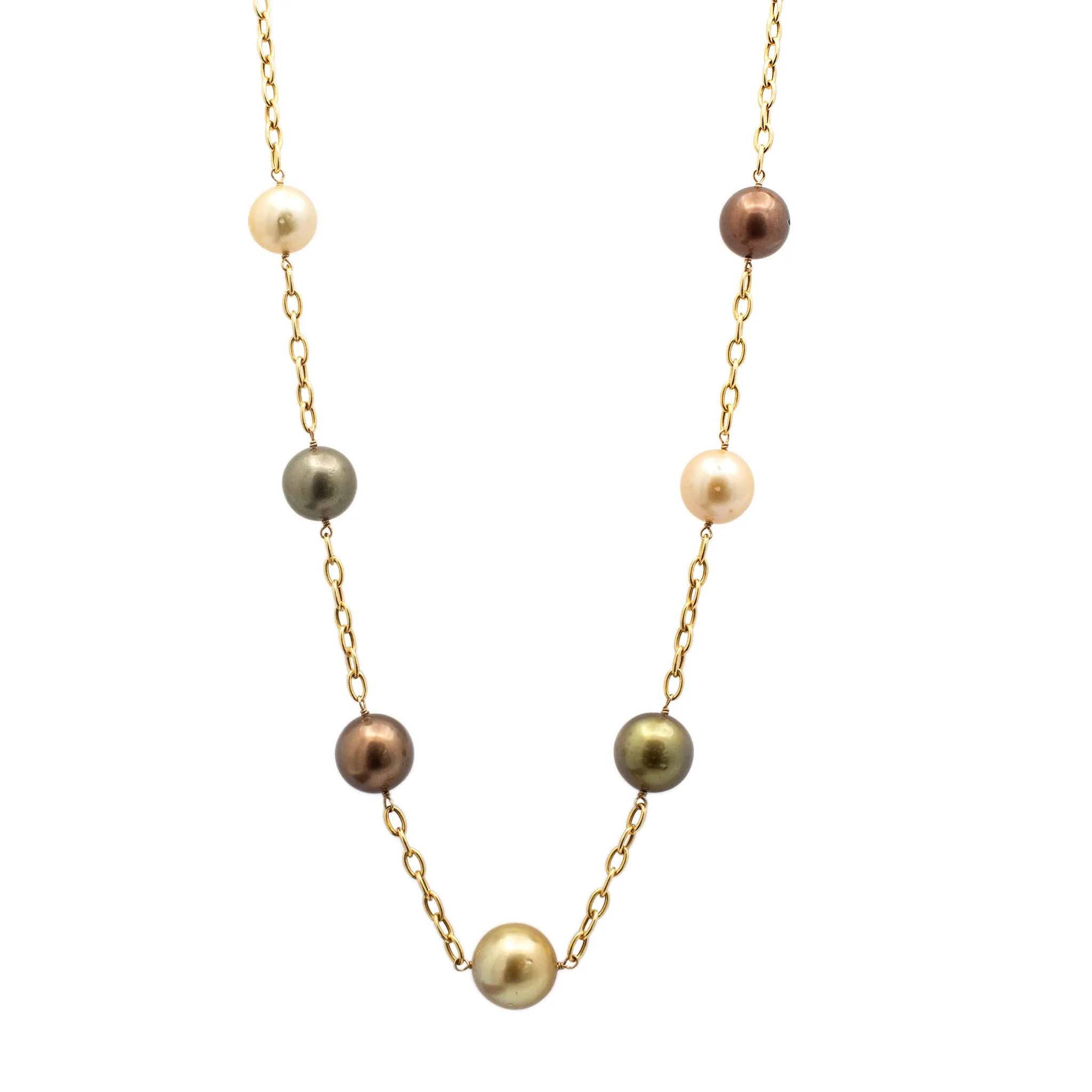 Ladies 14K Yellow Gold Multi Color Pearl Bead Chain Necklace