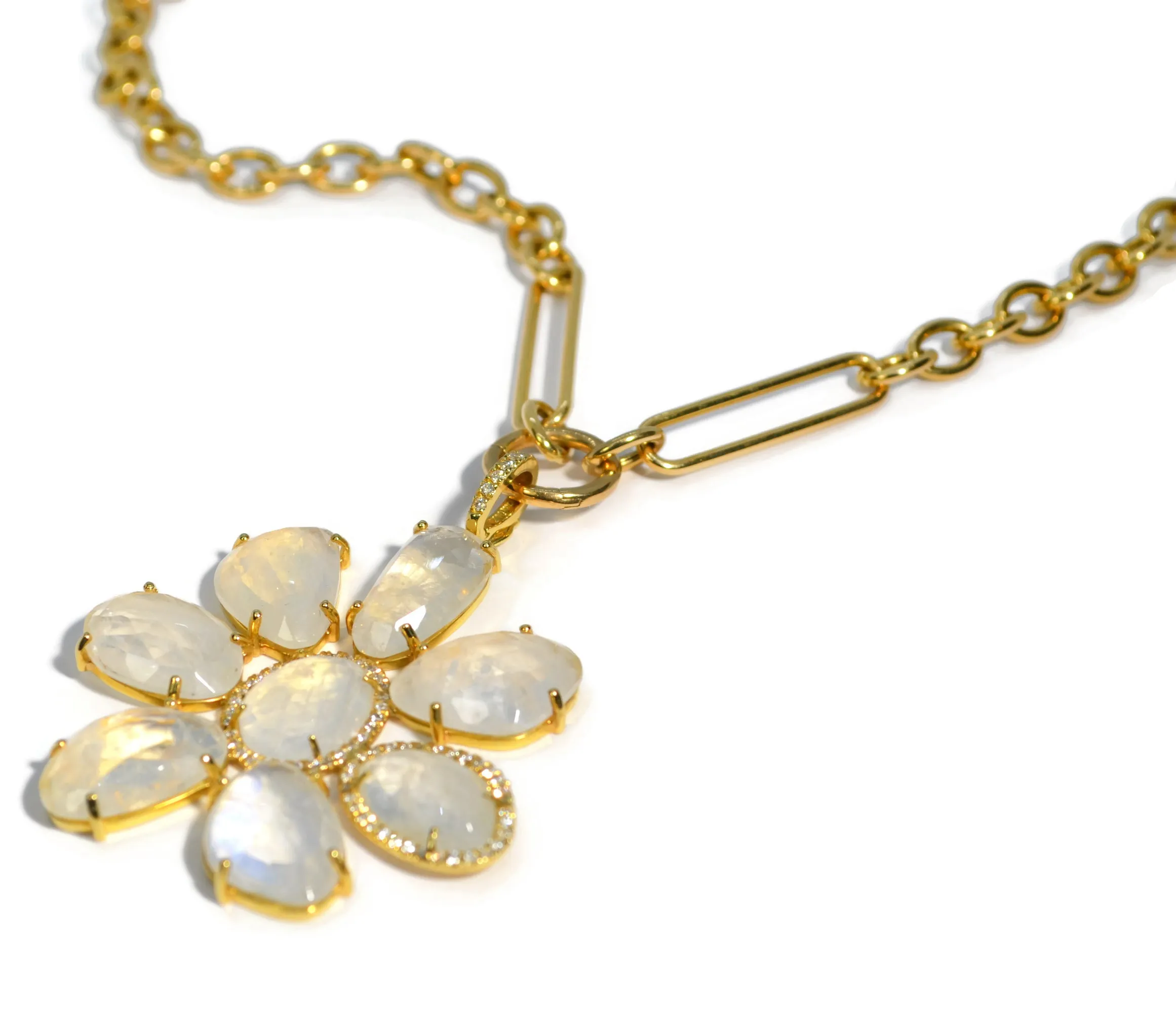 Lauren K - Flower Pendant with Moonstone and Diamonds, 18k Yellow Gold