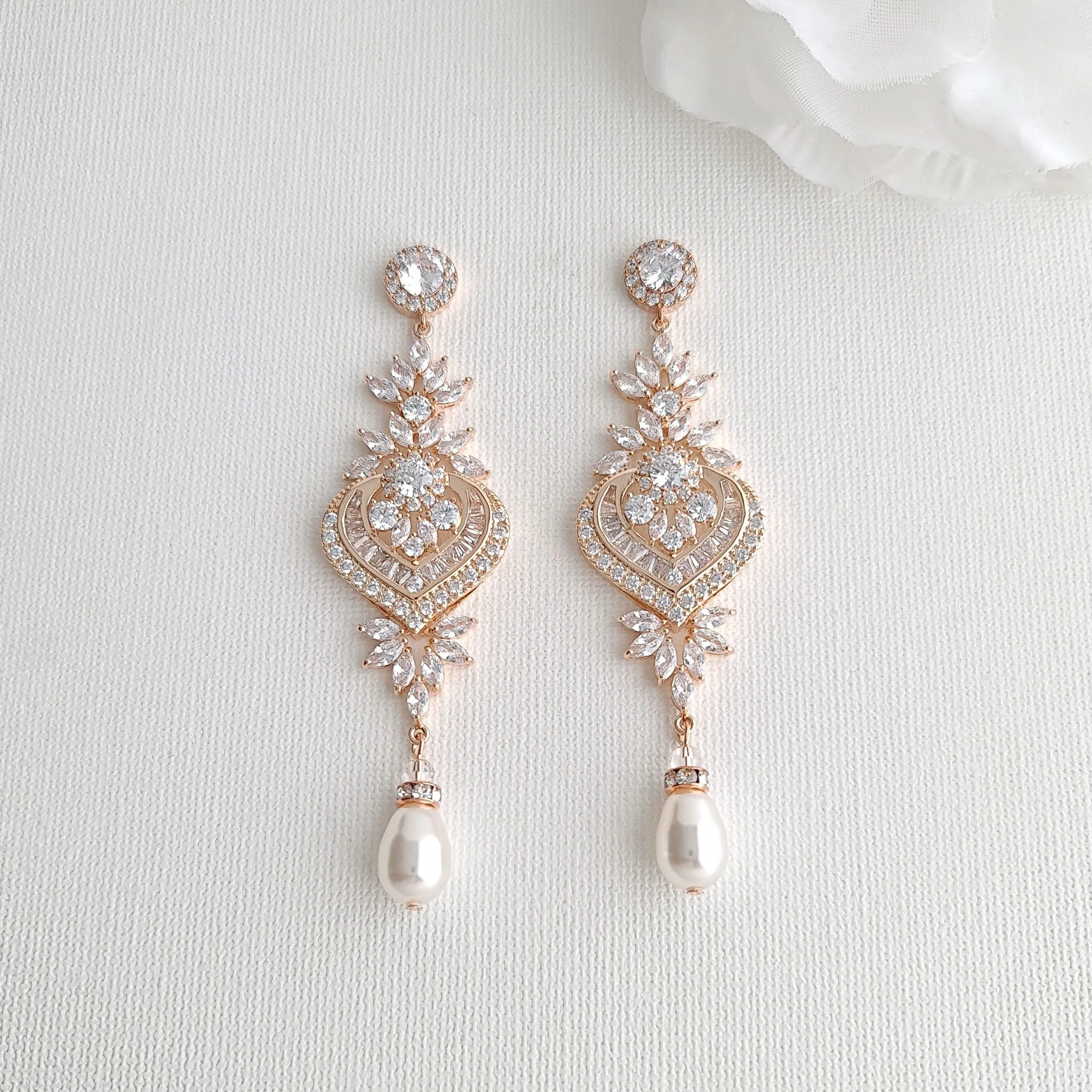 Long Rose Gold Chandelier Wedding Earrings-Rosa