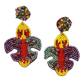 Mardi Gras Fleur De Lis With Lobster Seed Bead Drop Earrings