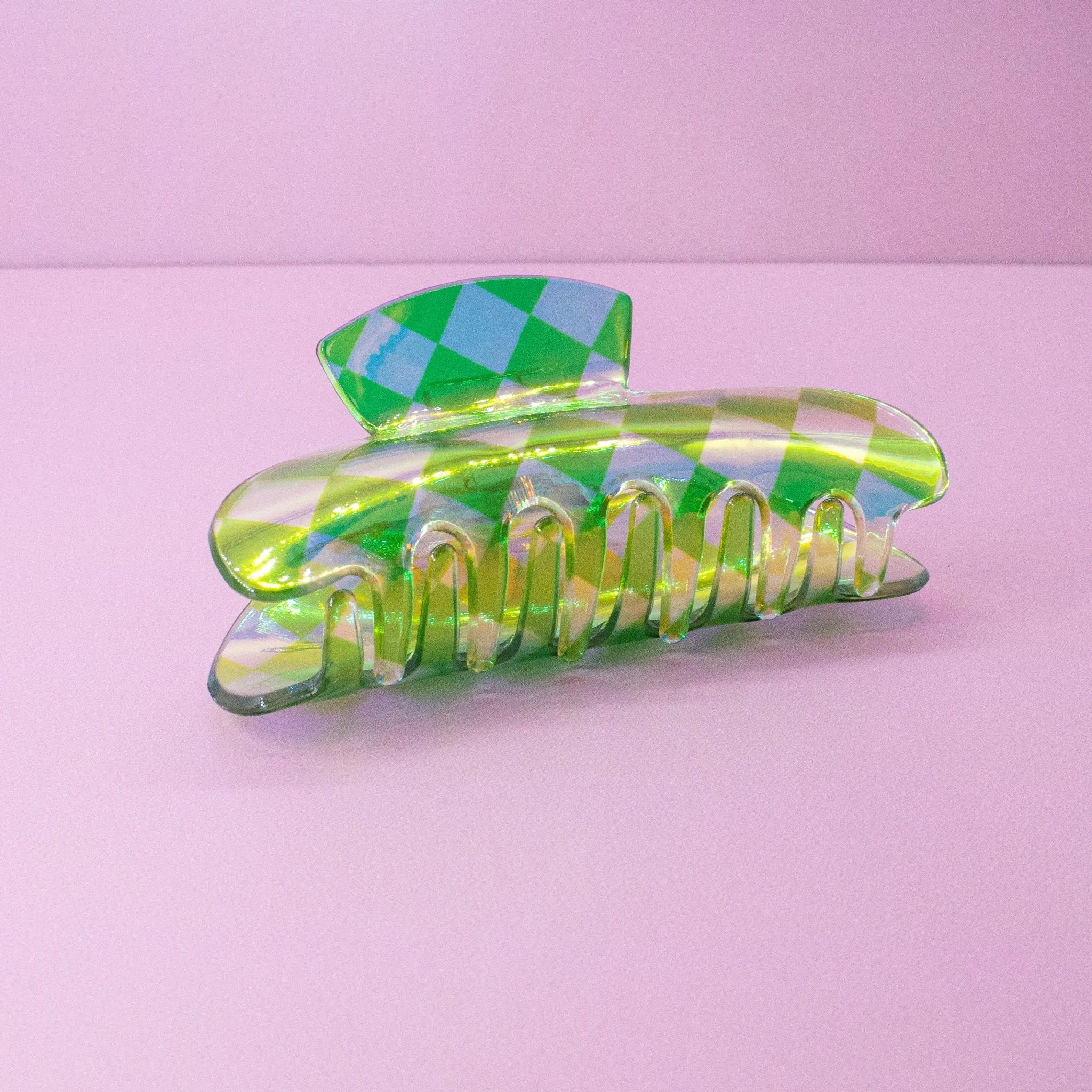 Medium Round Iridescent Checkered Hair Claw Clip