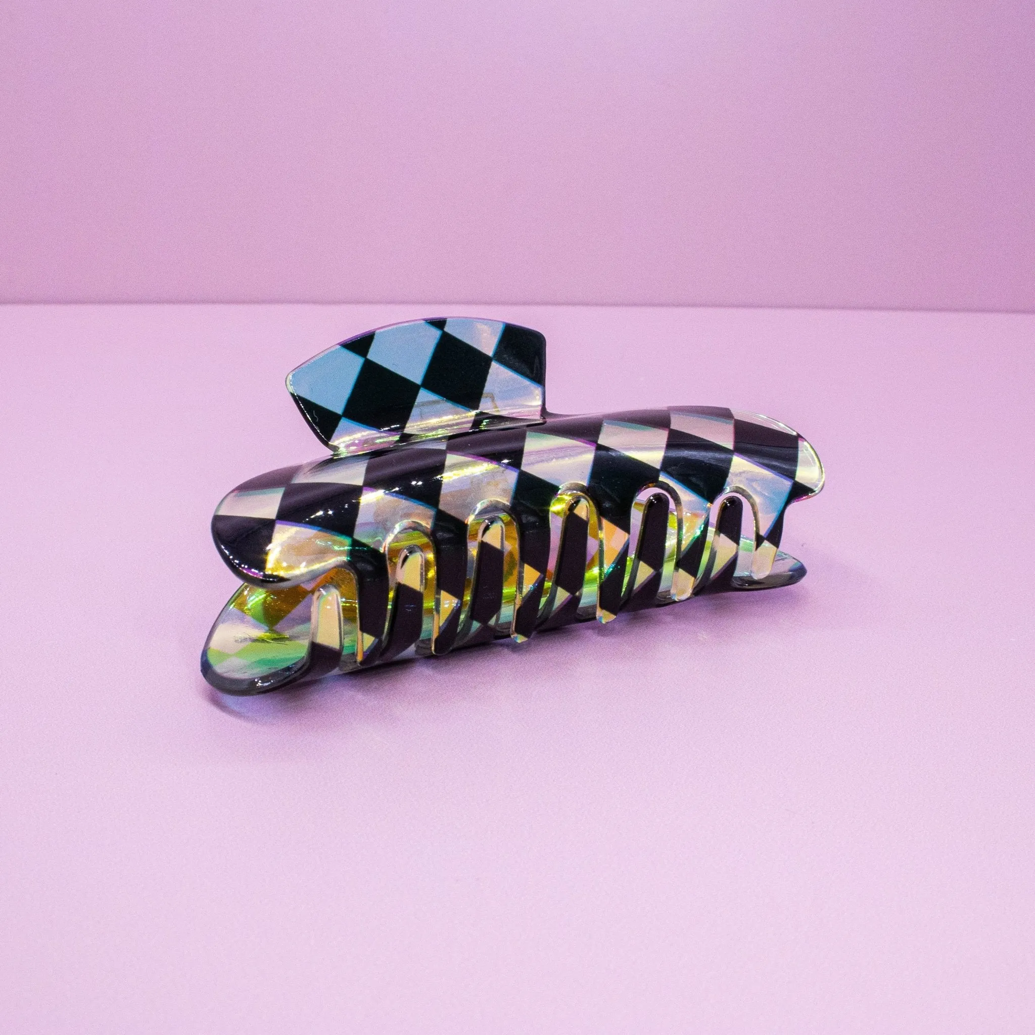 Medium Round Iridescent Checkered Hair Claw Clip