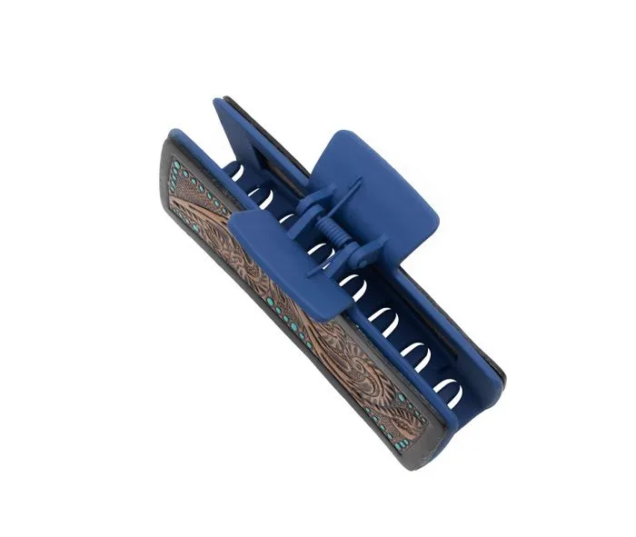 Myra Bags Leather Hair Comb Clips: Secure, Stylish, and Comfortable - Royal Blue and Hand Tooled