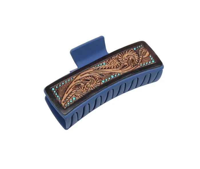 Myra Bags Leather Hair Comb Clips: Secure, Stylish, and Comfortable - Royal Blue and Hand Tooled