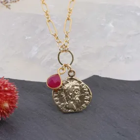 Paros - Ancient Coin Ruby Gold Box Chain Necklace