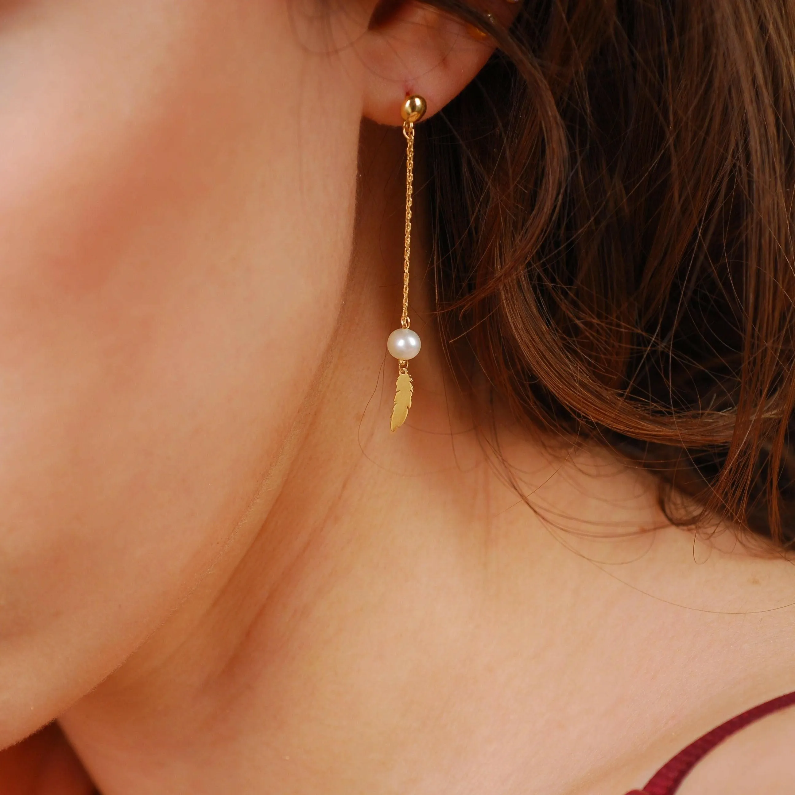 Pearl Dangle Earrings with Feather | 14K Solid Gold