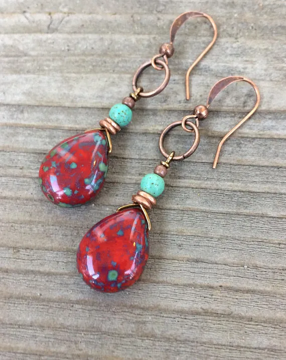 Red Teardrop Czech Glass Earrings with Turquoise and Copper