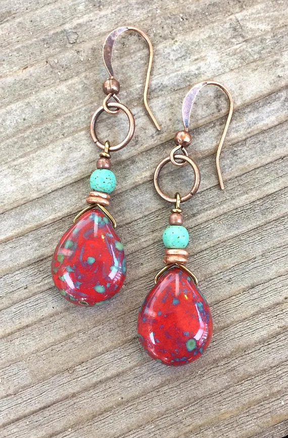 Red Teardrop Czech Glass Earrings with Turquoise and Copper